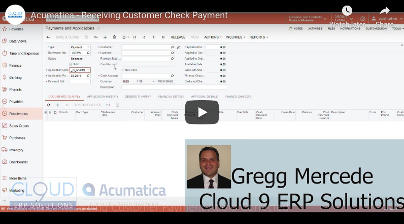 Receiving a Customer Payment in Acumatica 2/07/19