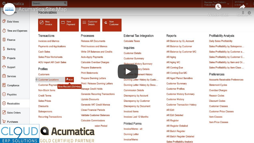 Acumatica Site Map 3/17/20