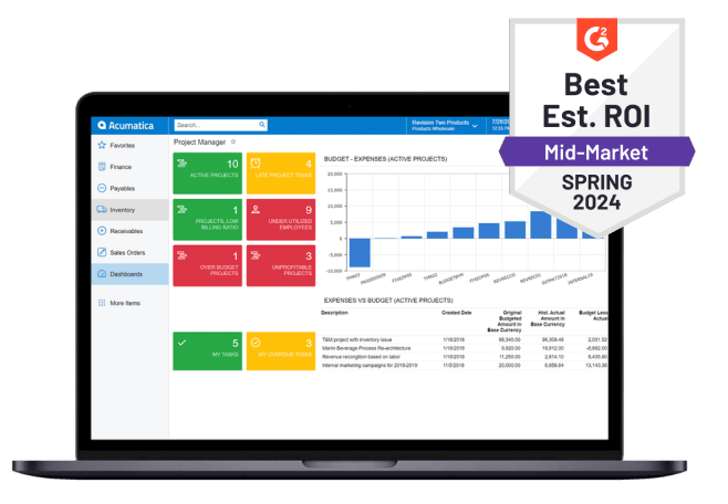 Acumatica dashboard with G2 award on computer screen