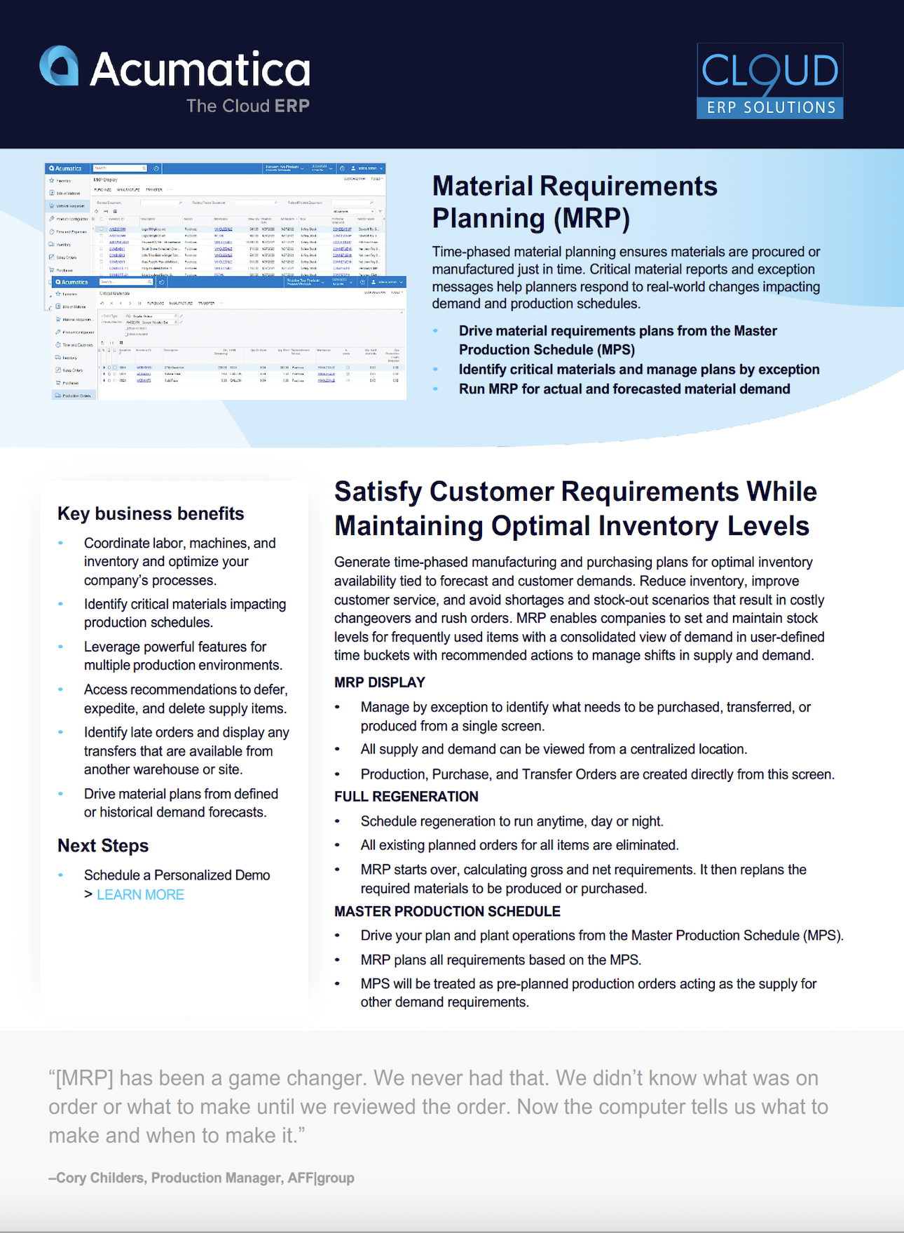 Acumatica Materials Requirements Planning data sheet download